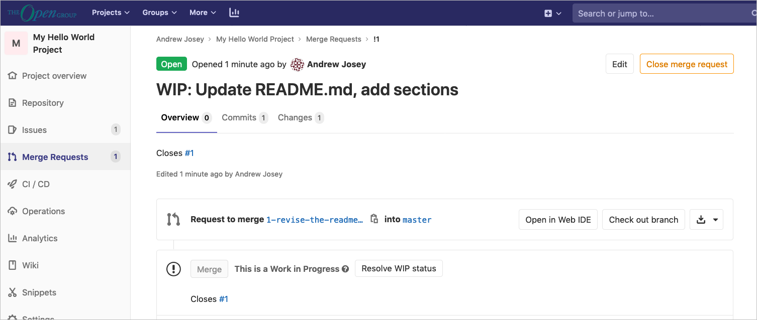 Merge Request marked WIP pending Review
