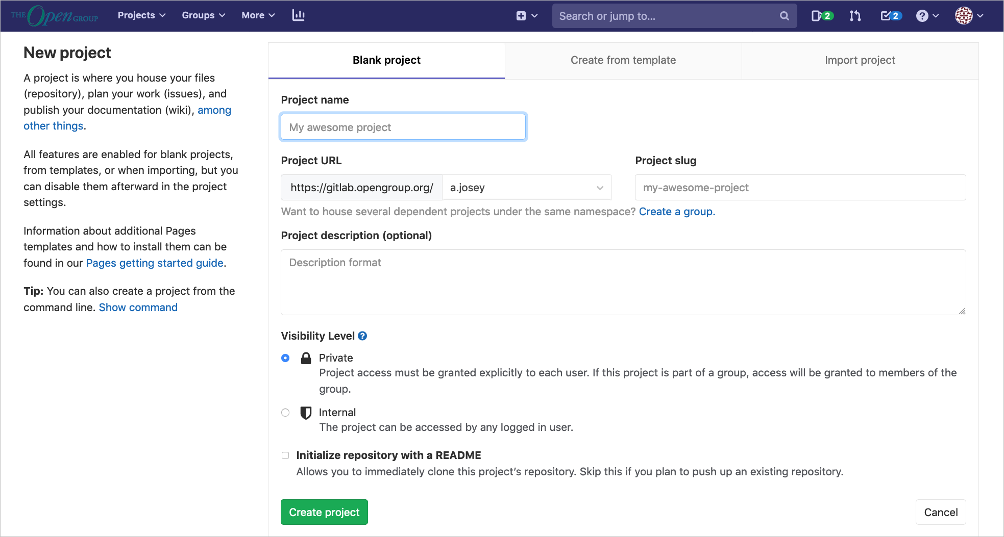 GitLab New Project View